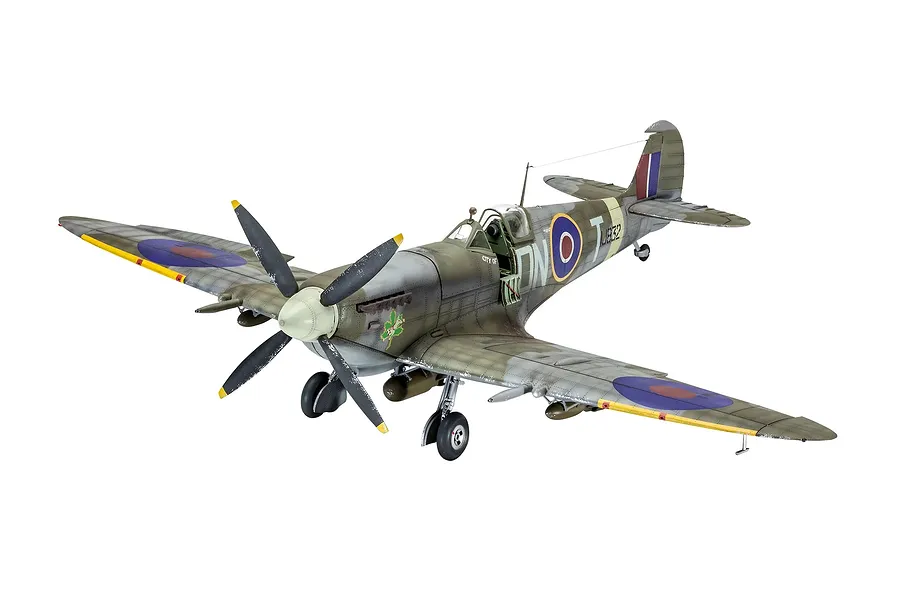 A fully assembled and painted 1/32 scale model of a Supermarine Spitfire Mk.IXc aircraft, featuring camouflage paint and RAF markings.