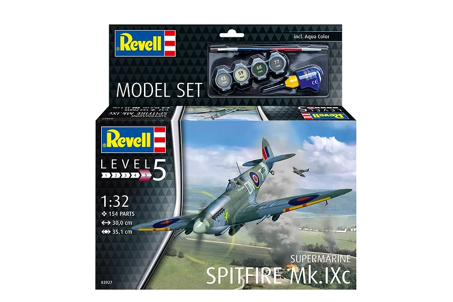 Revell 1/32 scale Supermarine Spitfire Mk.IXc model kit box showing the finished aircraft in flight, including paint pots, glue, and a brush.