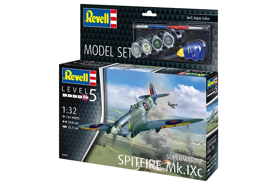 Revell 1/32 scale Supermarine Spitfire Mk.IXc model kit box showing the aircraft in flight and included paints, brush, and glue.