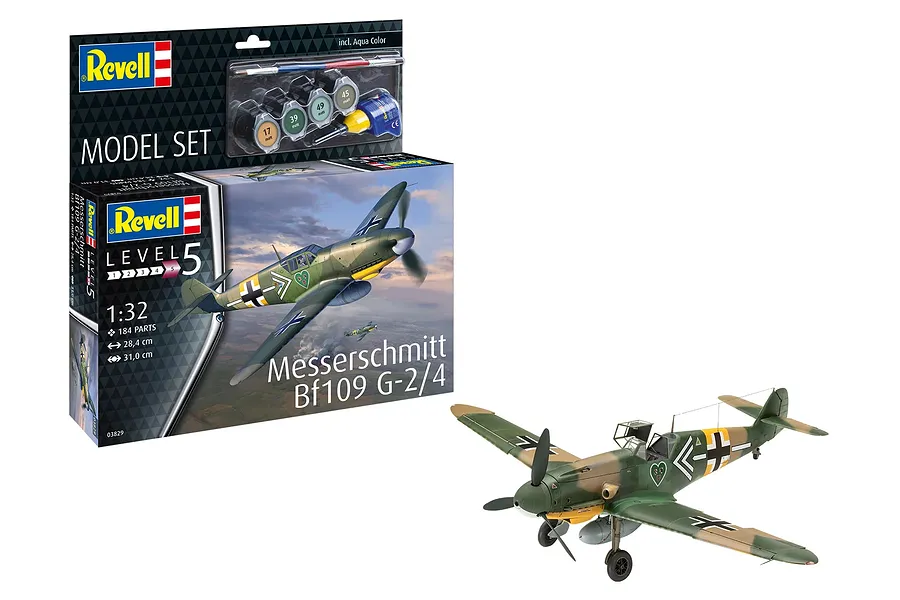 Revell 1/32 scale Messerschmitt Bf 109 G-2/4 model kit box and a fully assembled, painted model aircraft on a white background.