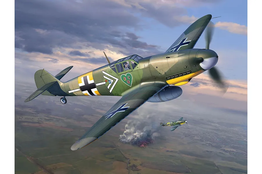 Digital illustration of two Messerschmitt Bf 109 fighter planes flying over a landscape with smoke in the distance.