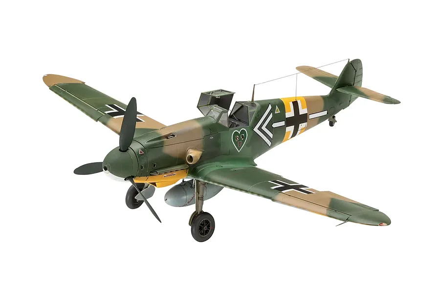A fully assembled and painted 1/32 scale model of a Messerschmitt Bf 109 fighter plane, featuring a green and tan camouflage scheme with German markings.