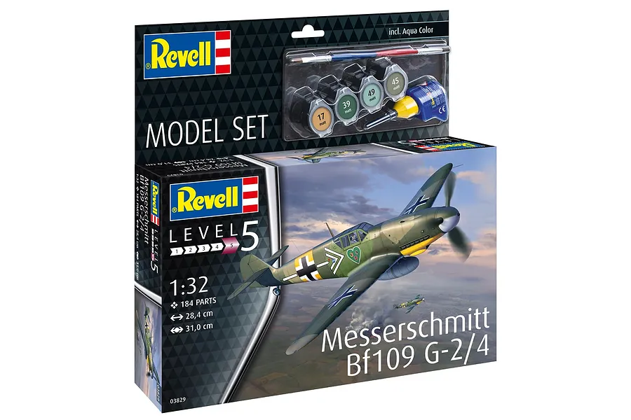 Revell 1/32 scale Messerschmitt Bf 109 G-2/4 plastic model kit box showing the finished aircraft in flight, including paint pots and a brush.