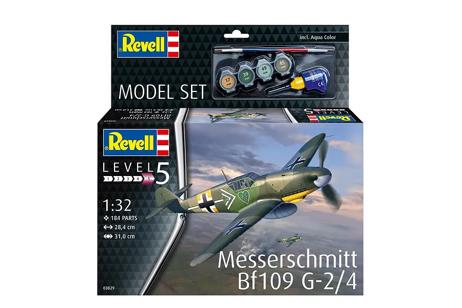 Revell 1/32 scale Messerschmitt Bf 109 G-2/4 model kit box featuring a painted aircraft illustration, paint pots, glue, and a brush.