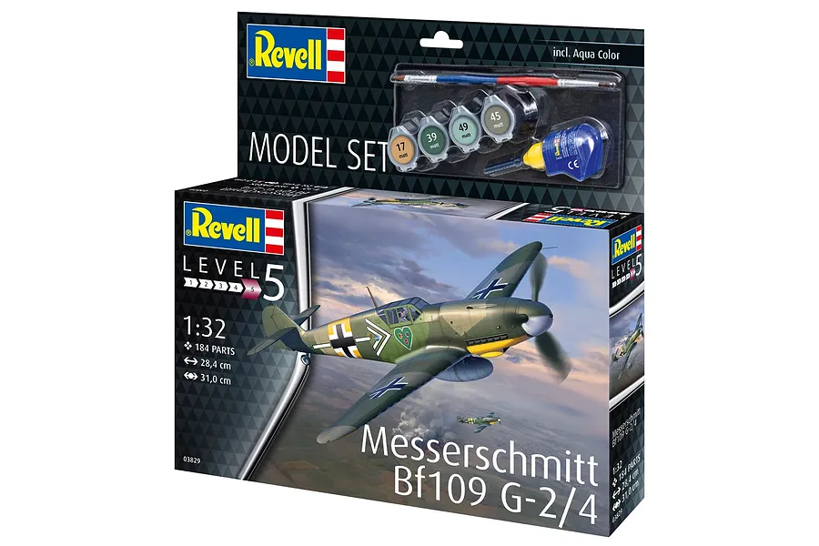 Revell 1/32 scale Messerschmitt Bf 109 G-2/4 plastic model starter kit box showing the finished aircraft model and included paints, brush, and glue.