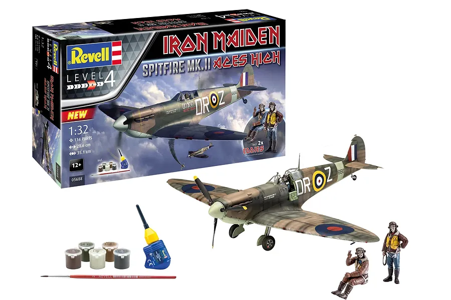Revell 1/32 scale Spitfire Mk.II Aces High Iron Maiden model kit box with the assembled model, paint pots, glue, brush, and two Eddie figures.
