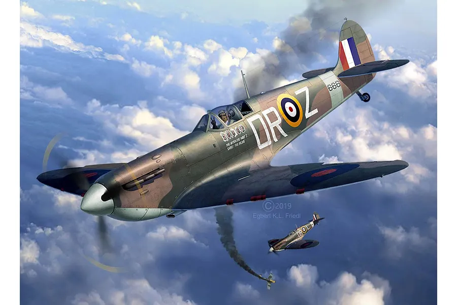 Digital artwork of a Supermarine Spitfire Mk.II with Iron Maiden Aces High livery flying through clouds with a second Spitfire and a falling enemy plane.
