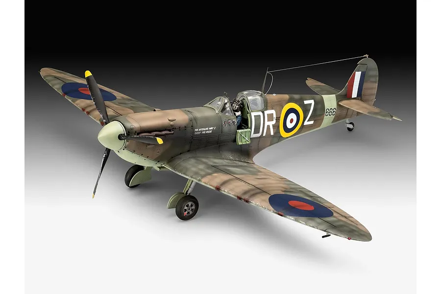A completed 1/32 scale plastic model of a Supermarine Spitfire Mk.II featuring Iron Maiden Aces High livery, displayed on a white surface.
