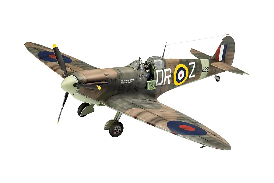 A fully assembled and painted 1/32 scale Revell Spitfire Mk.II model aircraft featuring Iron Maiden Aces High livery, shown against a white background.