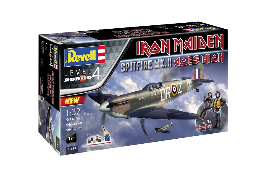 Revell 1/32 scale Iron Maiden Aces High Spitfire Mk.II plastic model kit box showing artwork of the aircraft and two Eddie figures.