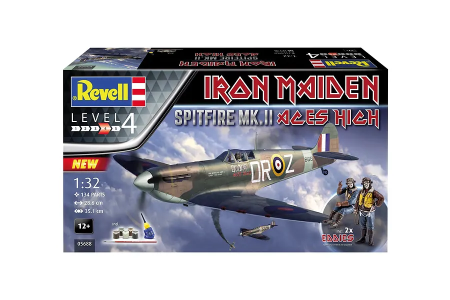Revell 1/32 scale Spitfire Mk.II Aces High Iron Maiden model kit box showing the finished aircraft and two Eddie figures against a cloudy sky background.