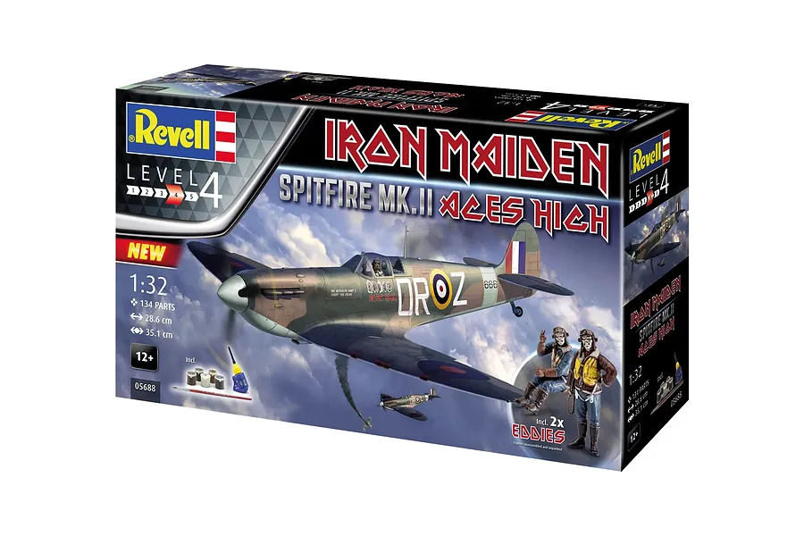 Revell 1/32 scale Spitfire Mk.II Aces High Iron Maiden model kit box showing the finished aircraft and two Eddie figures against a cloudy sky.