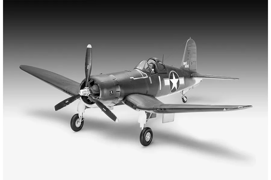 A completed 1/32 scale plastic model of a Vought F4U-1A Corsair fighter aircraft, painted in dark blue with US military markings and the name Big Hog.