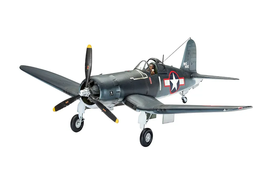 A fully assembled and painted 1/32 scale plastic model of a Vought F4U-1A Corsair fighter plane, featuring 'Big Hog' markings on the tail.