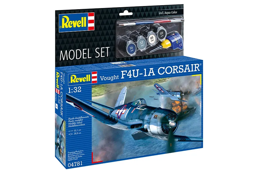 Revell 1/32 scale Vought F4U-1A Corsair model kit box showing a painting of the aircraft in flight over a naval battle scene.