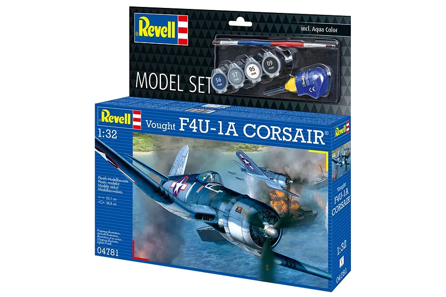 Revell 1/32 scale Vought F4U-1A Corsair plastic model kit box showing artwork of the aircraft in flight, including paint pots, brush, and glue.