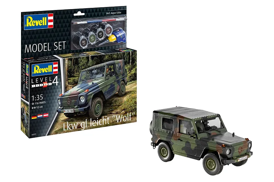 Revell 1/35 scale plastic model kit of a German military Lkw gl leicht Wolf truck, showing the product box and the assembled, painted model.