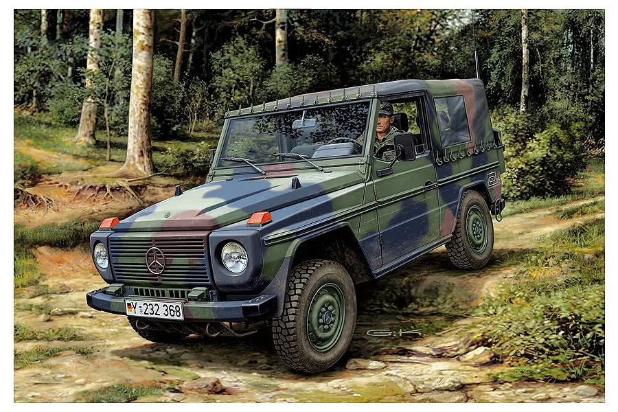 Box art illustration of a German military Mercedes-Benz Wolf truck driving through a forest.