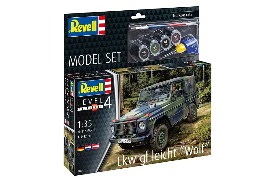 Revell 1/35 scale Truck GL Light Wolf model kit box featuring a camouflage military vehicle, including paints, glue, and a brush.
