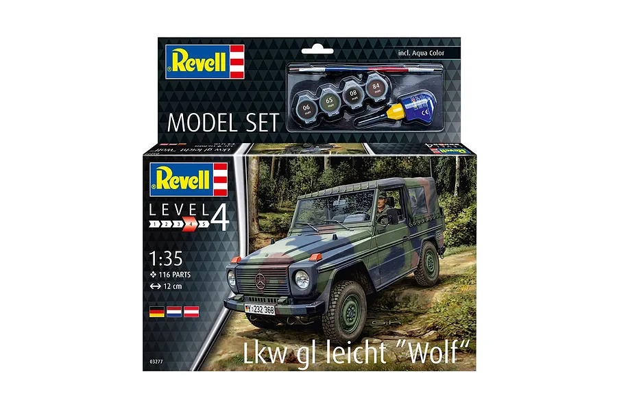 Revell 1/35 scale Truck GL Light Wolf model kit box featuring a camouflage military vehicle, including paints, glue, and a brush.
