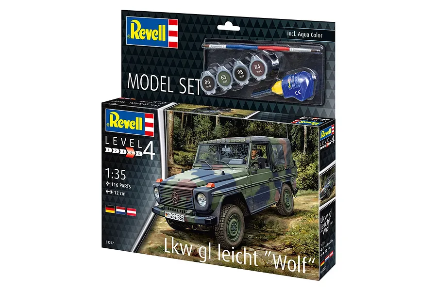 Revell 1/35 scale Truck GL Light Wolf plastic model kit box showing a camouflage military vehicle, including paints, glue, and a brush.