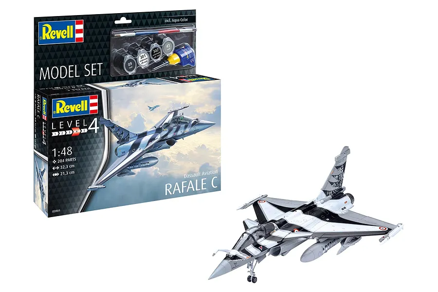 Revell 1/48 scale Dassault Rafale C model kit box and a fully assembled, painted model aircraft on a white background.