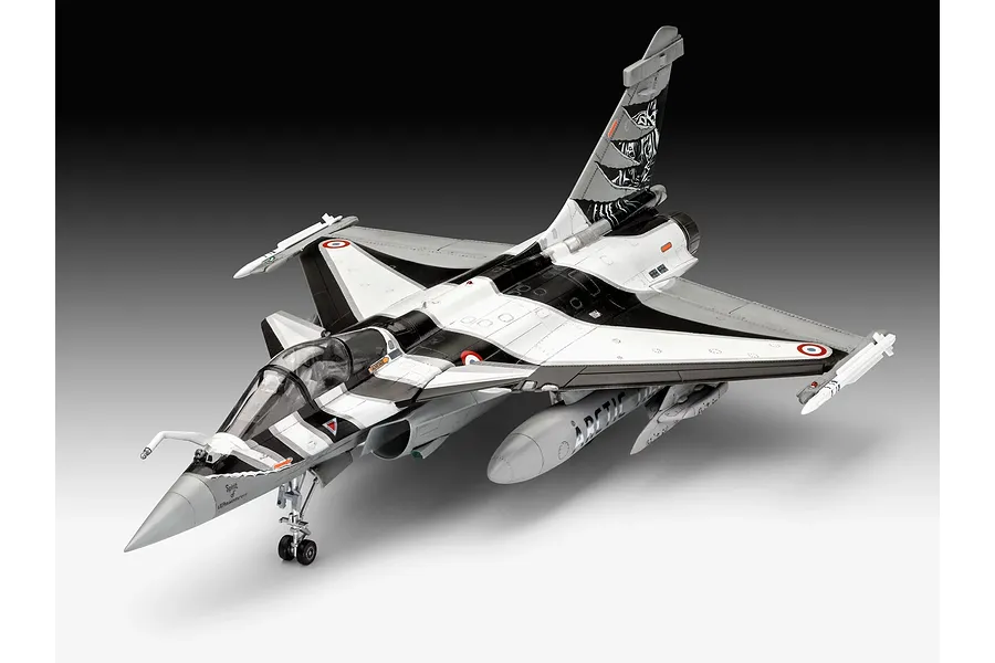 A finished 1/48 scale plastic model of a Dassault Rafale C fighter jet with a special black and white Arctic tiger-themed paint scheme.