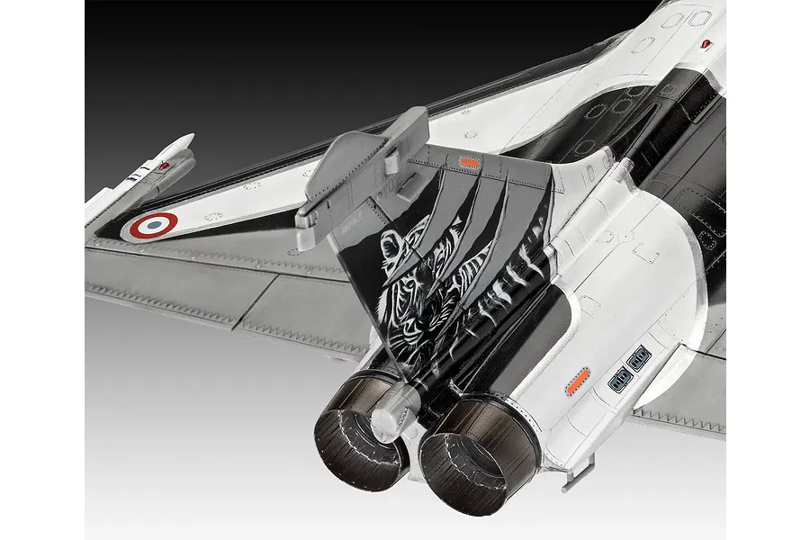 Close-up of the tail section of a 1/48 scale Dassault Rafale model aircraft featuring a tiger graphic on the vertical stabilizer.