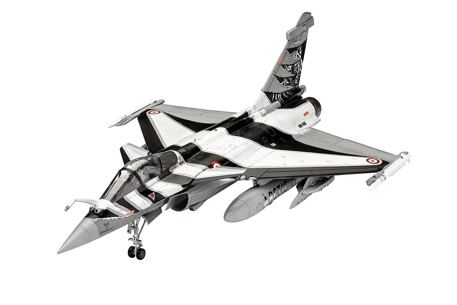 A completed 1/48 scale plastic model of a Dassault Rafale C fighter jet with a special black and white tiger-themed paint scheme.