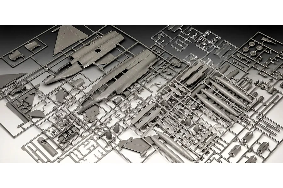 Grey plastic model kit sprues for a 1/48 scale Dassault Rafale C fighter jet, including fuselage, wings, and weapons parts.