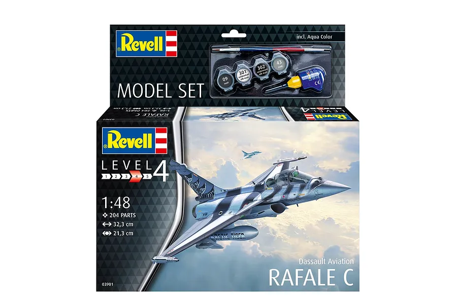 Revell 1/48 scale Dassault Rafale C plastic model starter kit box showing the finished model in flight against a cloudy sky.