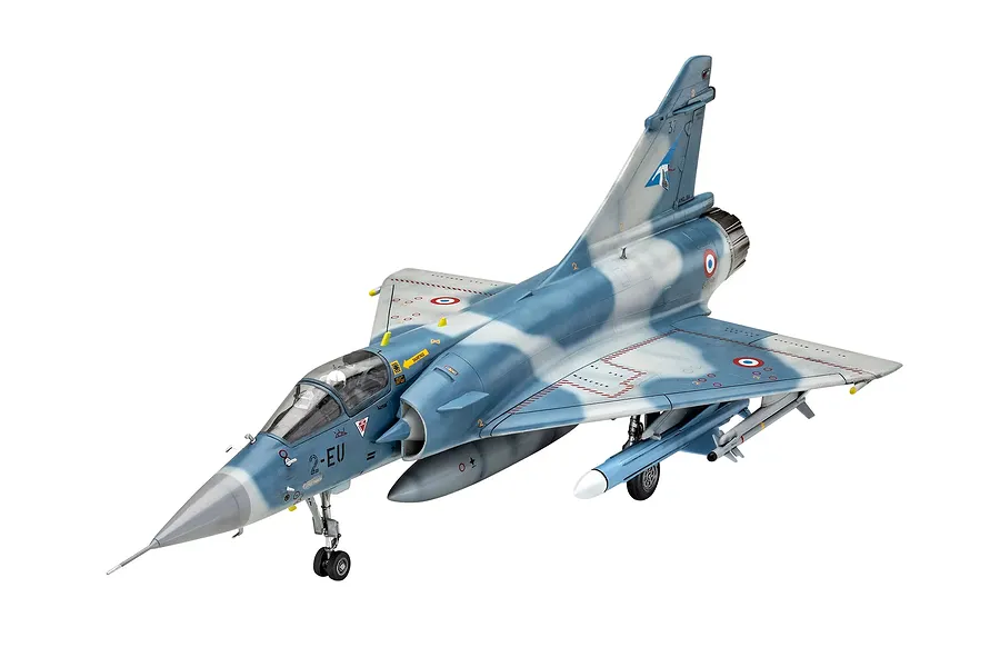 A fully assembled and painted 1/48 scale plastic model of a Dassault Mirage 2000 C fighter jet in a blue and grey camouflage scheme.