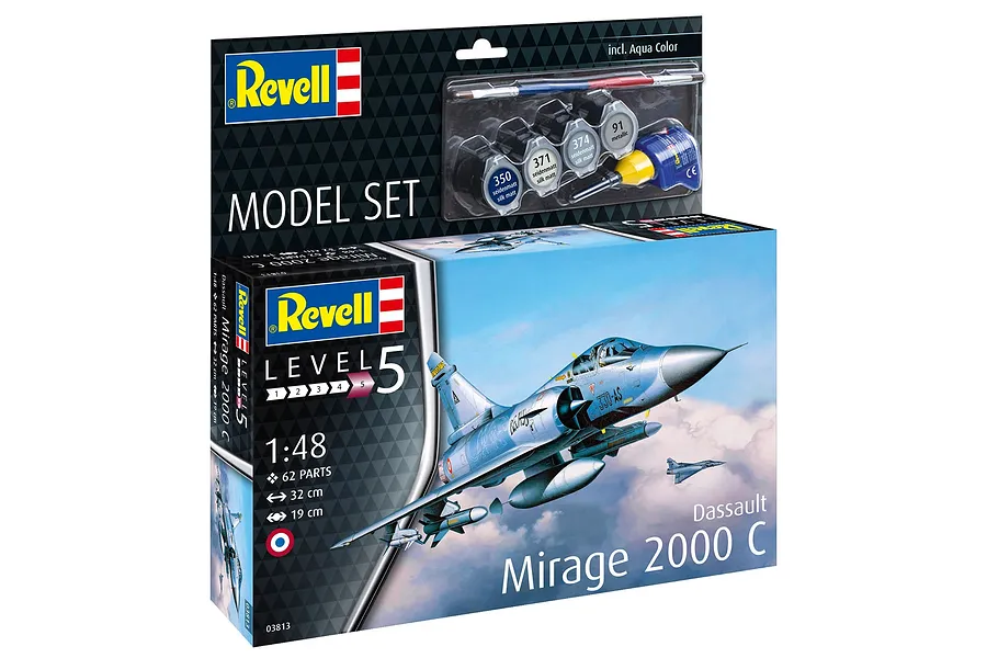 Revell 1/48 scale Dassault Mirage 2000 C plastic model kit box showing the finished aircraft in flight and included paints and brush.