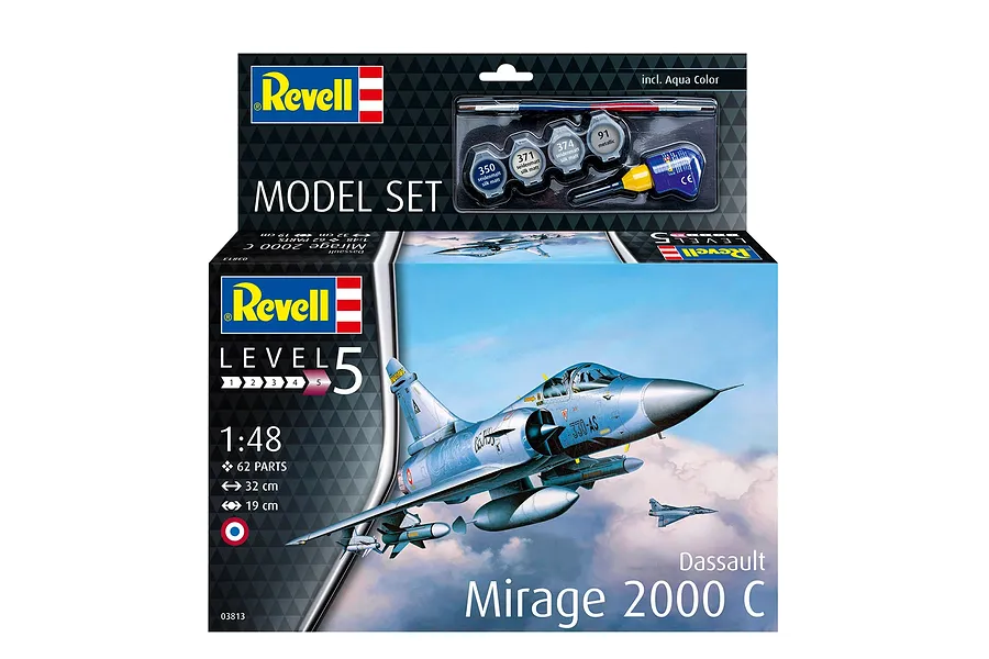 Revell 1/48 scale Dassault Mirage 2000 C plastic model starter kit box featuring an illustration of the jet in flight with included paints and glue.