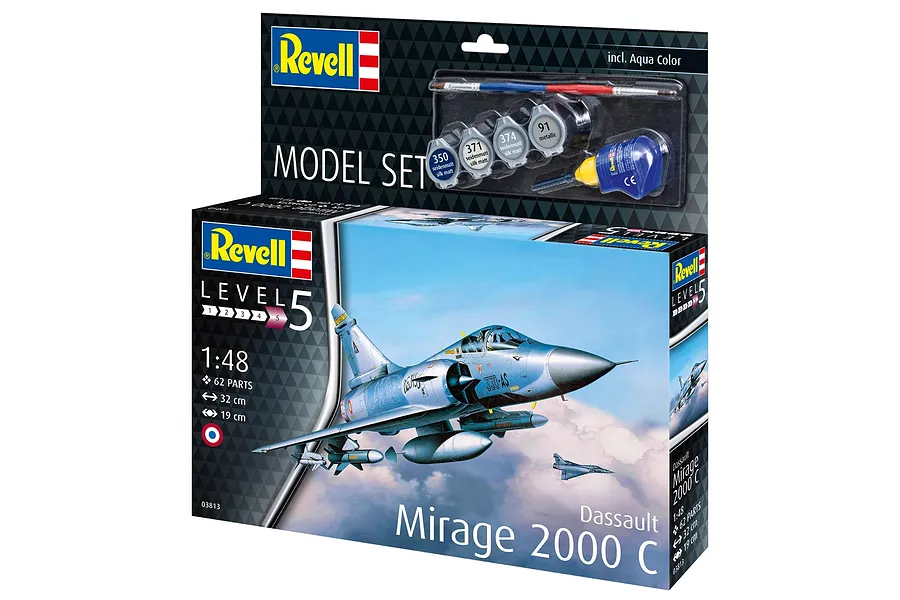 Revell 1/48 scale Dassault Mirage 2000 C plastic model kit box showing the fighter jet in flight, including paint and glue accessories.