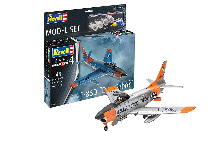 A Revell 1/48 scale F-86D Sabre Dog plastic model kit box displayed next to a fully assembled and painted model aircraft.