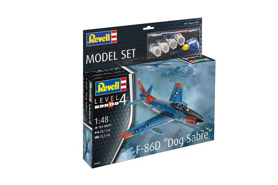 Revell 1/48 scale F-86D Sabre Dog plastic model kit box showing the finished aircraft model, paints, glue, and brush included.