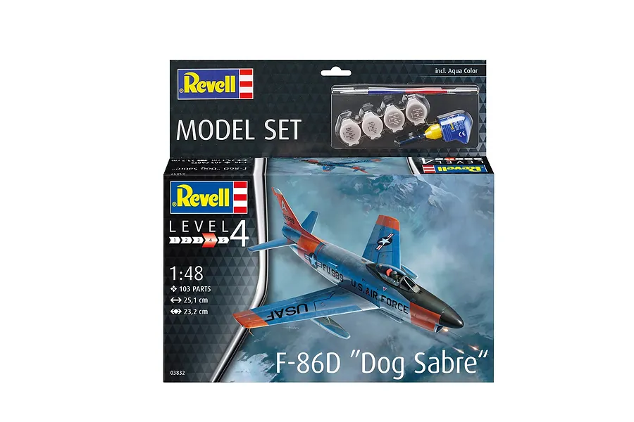 Revell 1/48 scale F-86D Dog Sabre plastic model kit box featuring an illustration of the fighter jet in flight with included paints and glue.