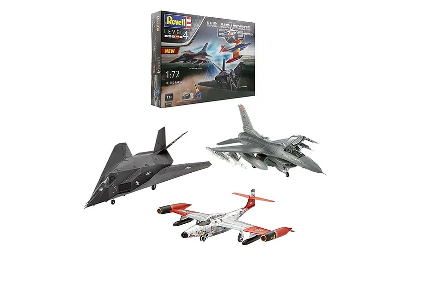 Revell 1/72 scale US Air Force 75th Anniversary model kit featuring F-89 Scorpion, F-117 Nighthawk, and F-16 Fighting Falcon aircraft models.