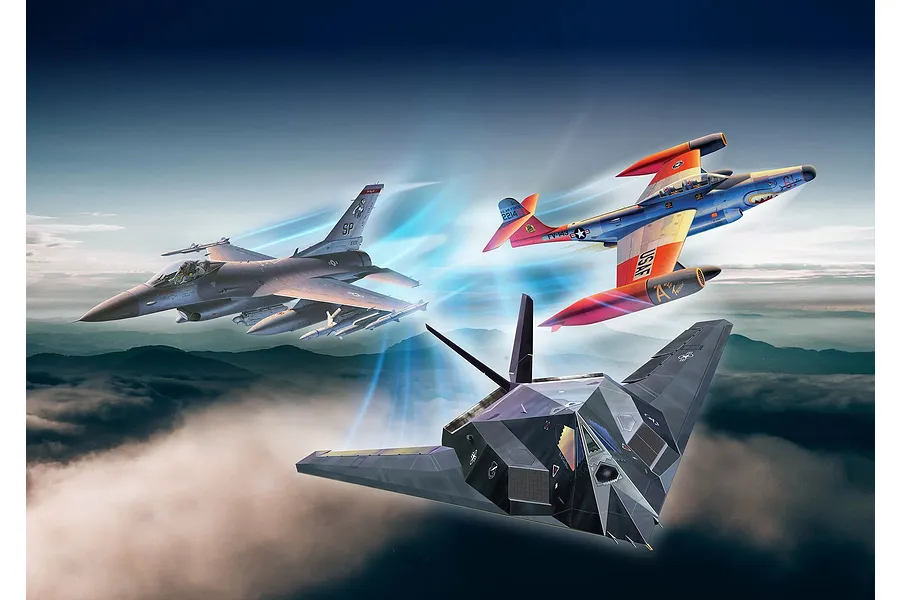 Digital illustration of three US Air Force fighter jets, an F-16, F-89 Scorpion, and F-117 Nighthawk, flying over a cloudy landscape.