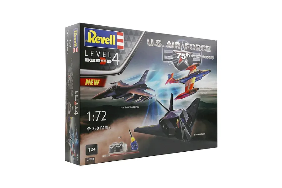 Revell 1/72 scale US Air Force 75th Anniversary model kit box featuring F-16, F-89, and F-117 aircraft illustrations.
