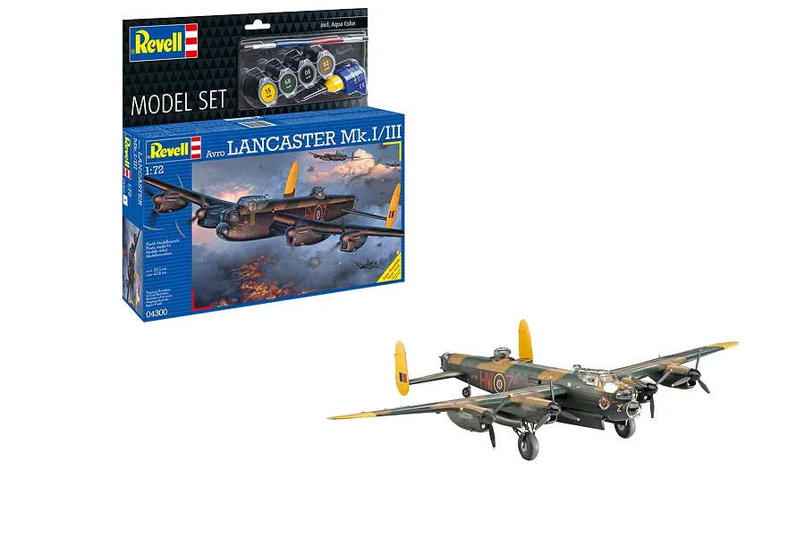 Revell 1/72 scale Avro Lancaster Mk.I/III plastic model kit box and a fully assembled, painted model aircraft on a white background.