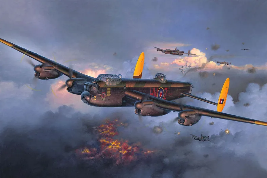 An artistic illustration of an Avro Lancaster bomber flying through a cloudy, war-torn sky with other aircraft in the distance.