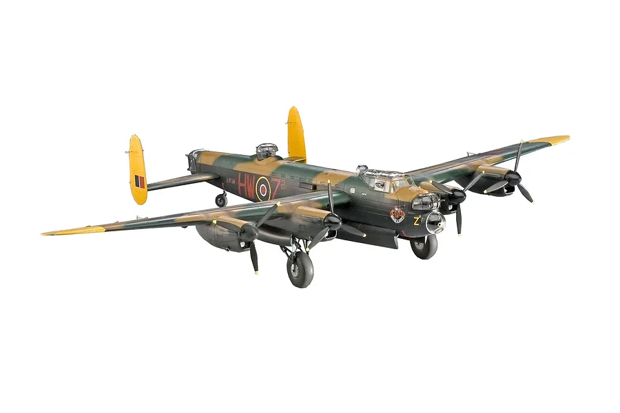 A fully assembled and painted 1/72 scale plastic model of an Avro Lancaster bomber in camouflage livery against a white background.