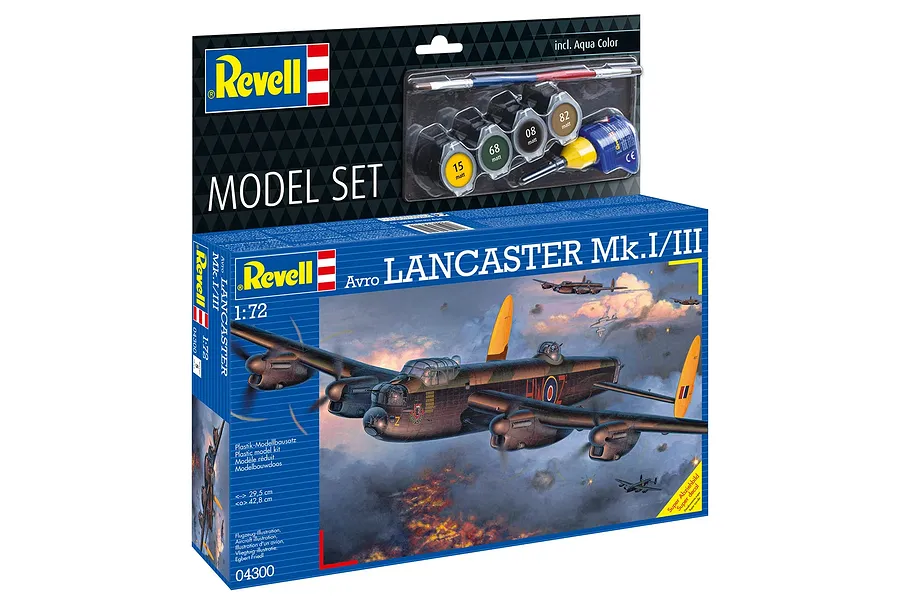Revell 1/72 scale Avro Lancaster Mk.I/III plastic model starter kit box, featuring an illustration of the bomber in flight and included paints and glue.