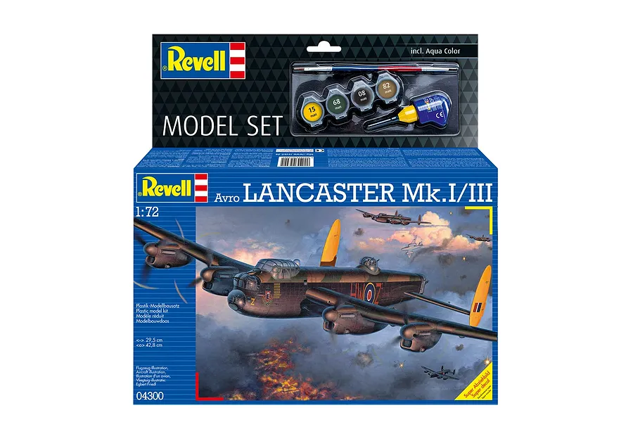 Revell 1/72 scale Avro Lancaster Mk.I/III plastic model kit box featuring an illustration of the bomber in flight, including paint, glue, and a brush.