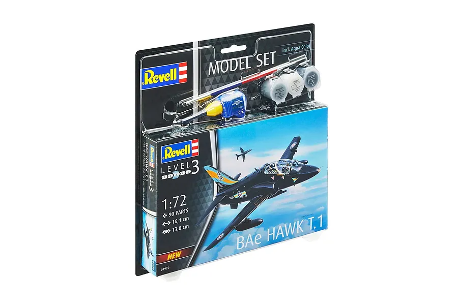 Revell 1/72 scale BAe Hawk T.1 plastic model starter kit in blister packaging, including paints, glue, and a brush.