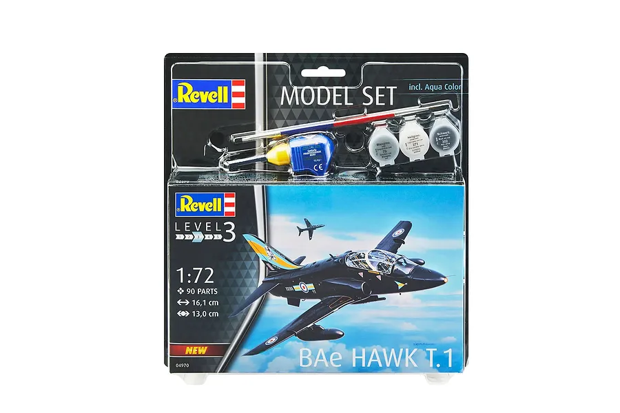 Revell 1/72 scale BAe Hawk T.1 plastic model starter kit in blister packaging, including paint, glue, and a brush.