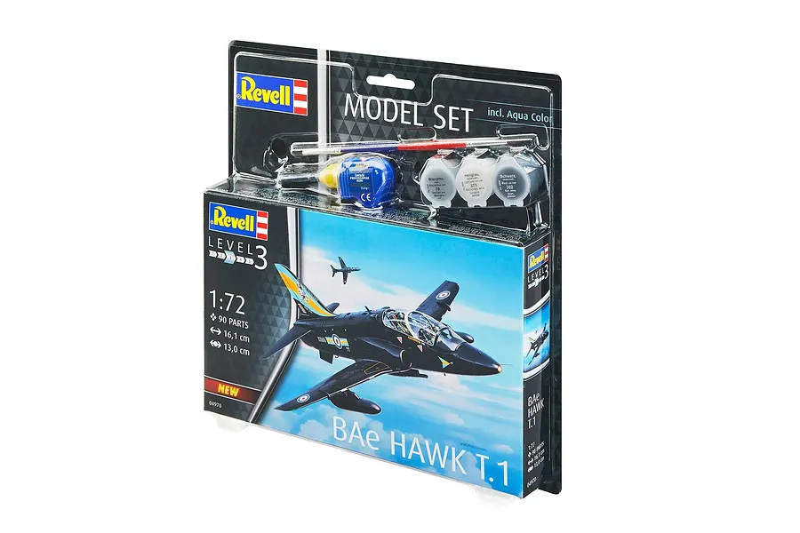 Revell 1/72 scale BAe Hawk T.1 plastic model starter kit in blister packaging, including paints, glue, and a brush.
