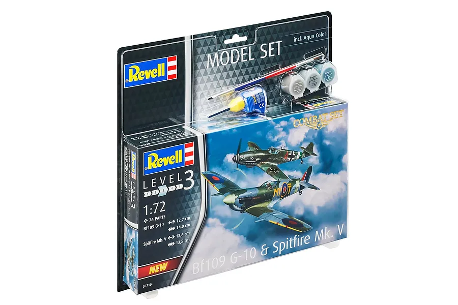 Revell 1/72 scale Bf 109G-10 and Spitfire Mk.V plastic model combat set in retail blister packaging with included paints, brush, and glue.